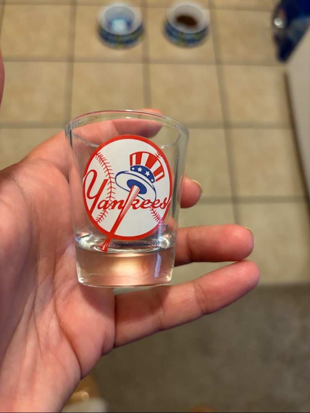 Hunter Clear Shot Glass with Red and Blue Yankees Logo